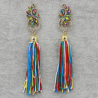 Сережки пензля жіночі гвоздики золотистого кольору довгі об'ємні різнобарвні з кристалами довжина 12 см