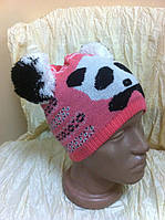 Детская шапочка Панда с ушками-помпонами розовая