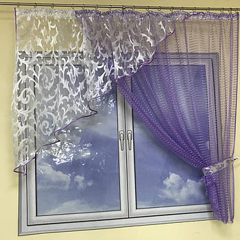 Фіранка з сітки для спальні кухні дитячої, фіранка подвійна для залу кухні вітальні Бузкова (KU-130-18)