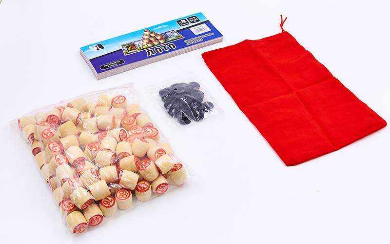 Лото настільна гра в прозорому чохлі IG-8802 (90 дер.боч. h-18 мм, 24 картки, 40 пласт. фіш, тканинний мішок)