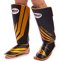 Захист для гомілки та стопи Муай Тай, ММА, Кікбоксинг шкіряний TWINS FSG-43G-BK (р-р M-XL, чорний-золотий) FSGL2-43