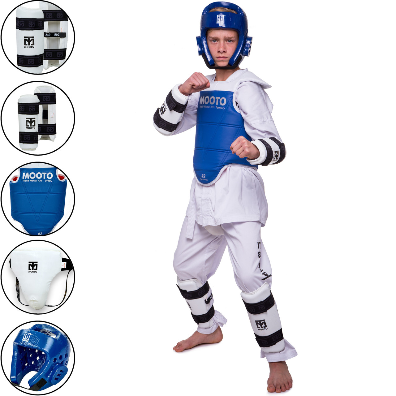 Набір екіпірування для тхеквондо дитячий MTO BO-0509 (жилет, захист гомілки та передпліччя, шолом, захист паху, мішок-рюкзак, кольори в асортименті), фото 1