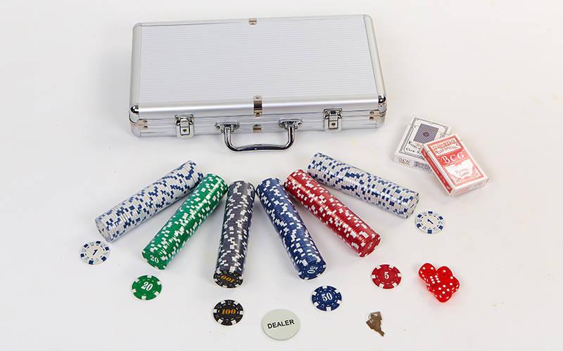 Набір для покера в алюмінієвому кейсі IG-2114 на 300 фішок з номіналом (2 кол.карт, пуб)