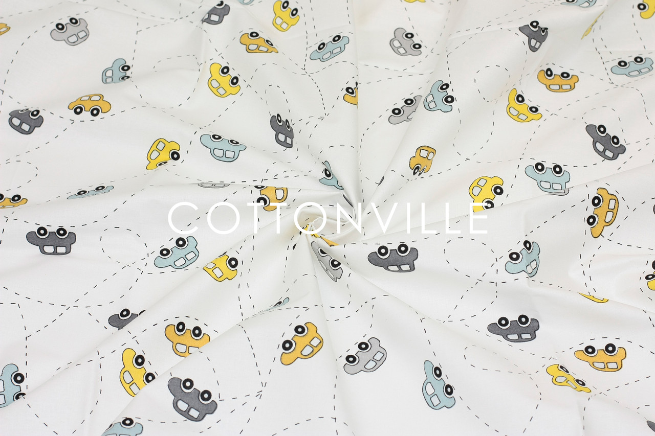 Відріз ранфорсу Машинки блакитні, жовті 62х240 см