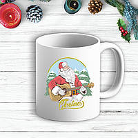Білий кухоль (чашка) з новорічним принтом Дід Мороз з гітарою