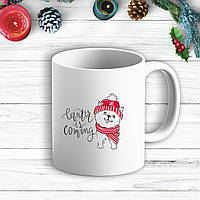 Білий кухоль (чашка) з новорічним принтом Цуценя "Winter is coming"