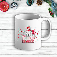 Білий кухоль (чашка) з новорічним принтом Цуценя в подарунковій коробці