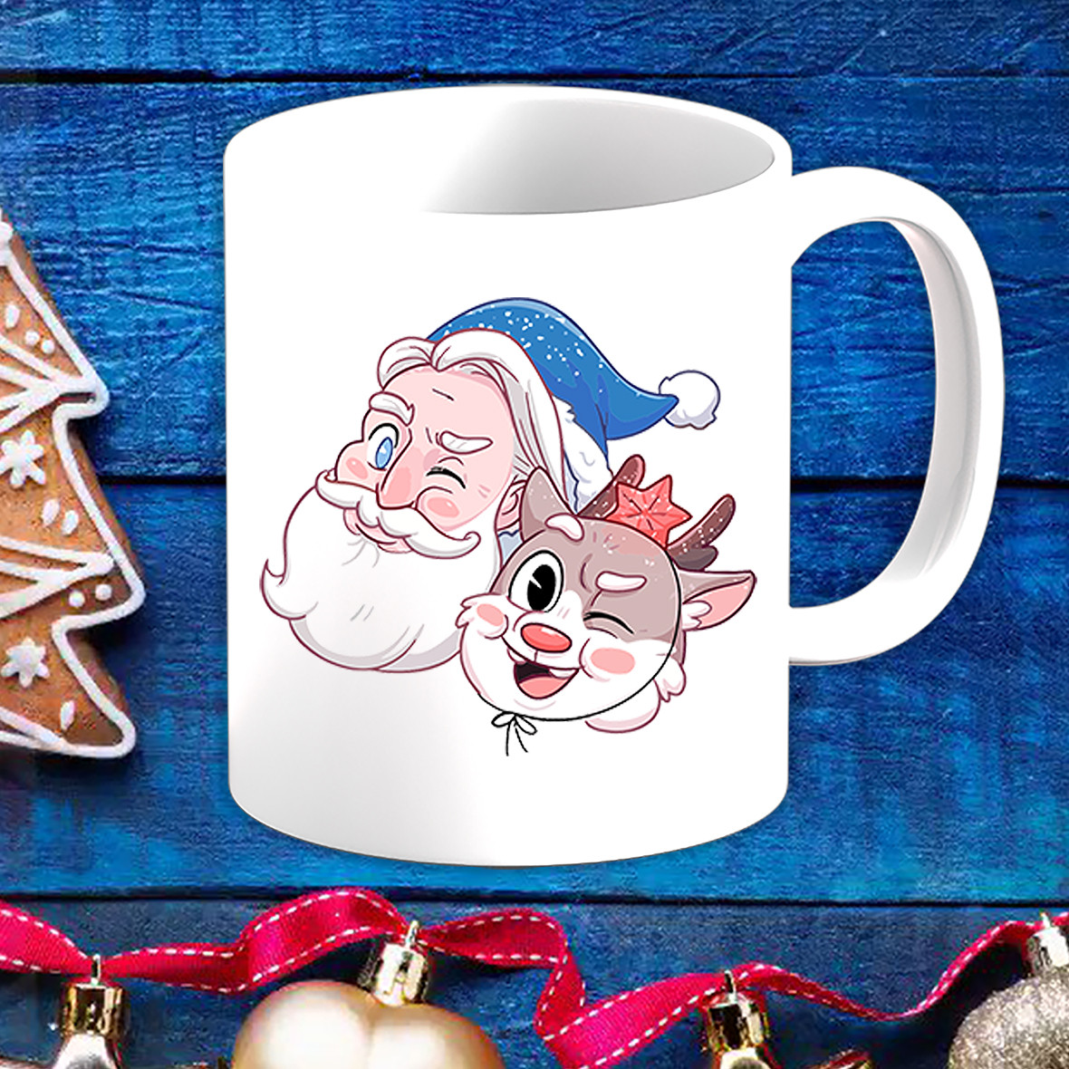 Белая кружка (чашка) с новогодним принтом Дедушка Мороз и Олененок - фото 1 - id-p1168677718