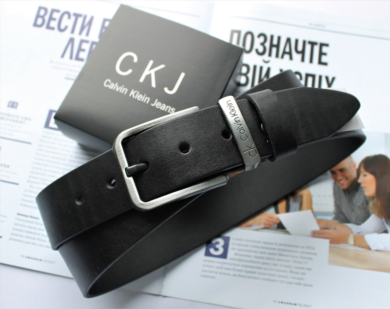 Чоловічий шкіряний ремінь Calvin + коробка в подарунок!
