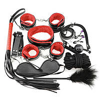Фетиш набор из 10 предметов для садо-мазо игр Черный с красным, BDSM атрибутика, эротический набор