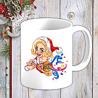Білий кухоль (чашка) з новорічним принтом Мерилін Монро в новорічному костюмі та хлопавка