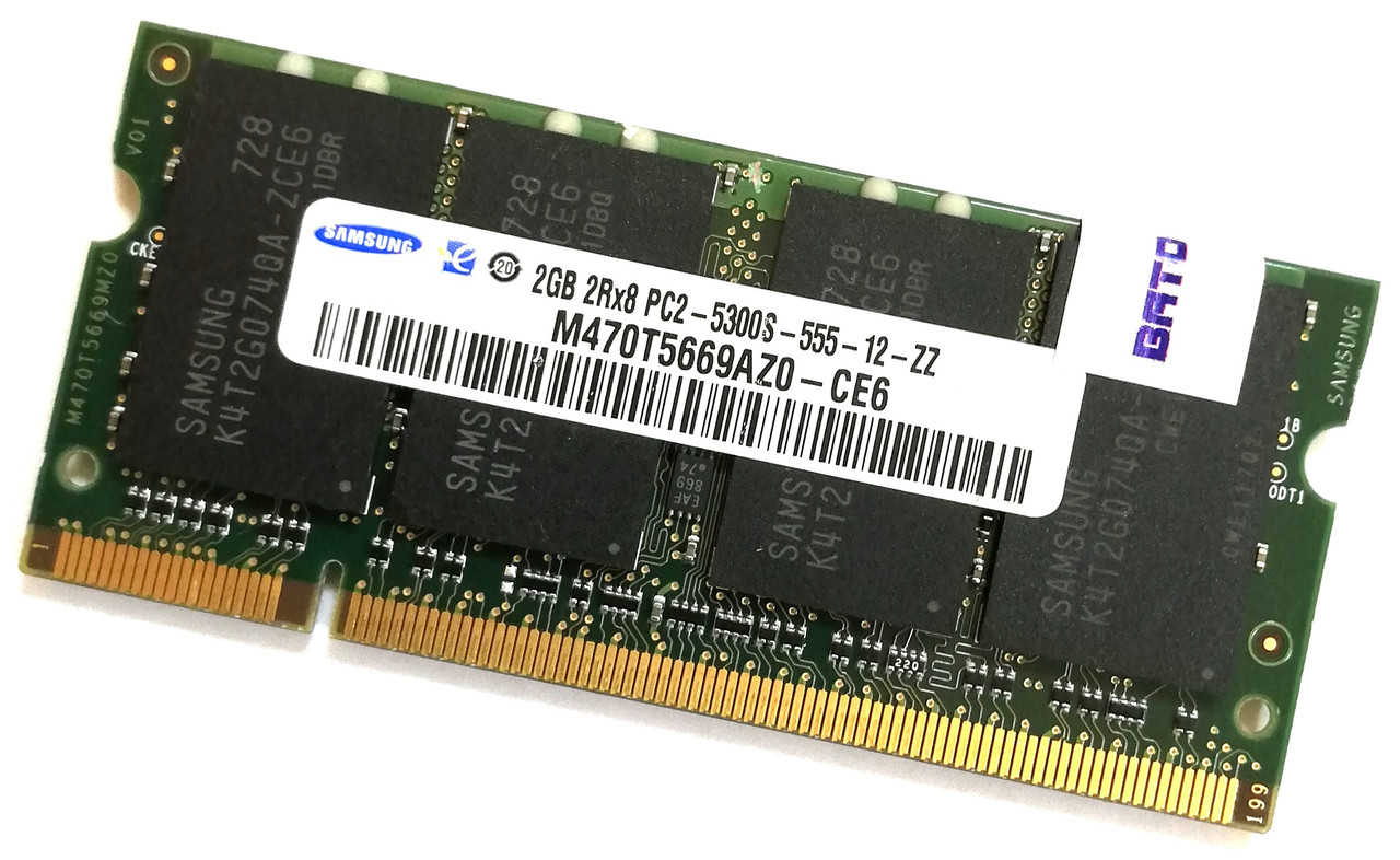Оперативна пам'ять для ноутбука Samsung SODIMM DDR2 2Gb 667MHz 5300s 2R8 CL5 (M470T5669AZ0-CE6) Б/У