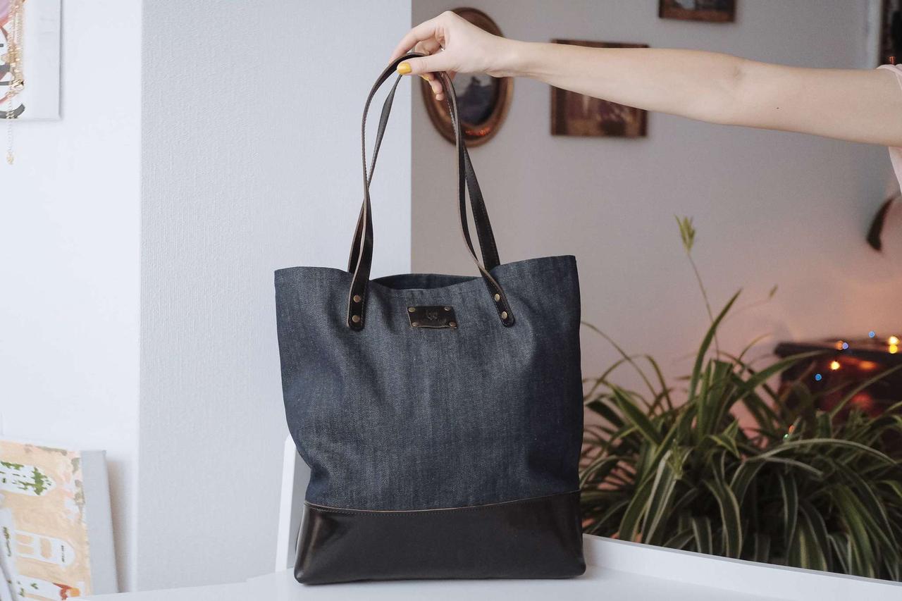 Сумка жіноча комбінована чорна шкіра і синій денім «Shopper bag»