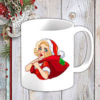 Білий кухоль (чашка) з новорічним принтом Мерилін Монро з мішком