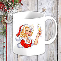 Білий кухоль (чашка) з новорічним принтом Мерилін Монро з шампанським