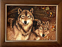 Картина панно з янтаря Пара волков, картина з бурштину Пара вовків