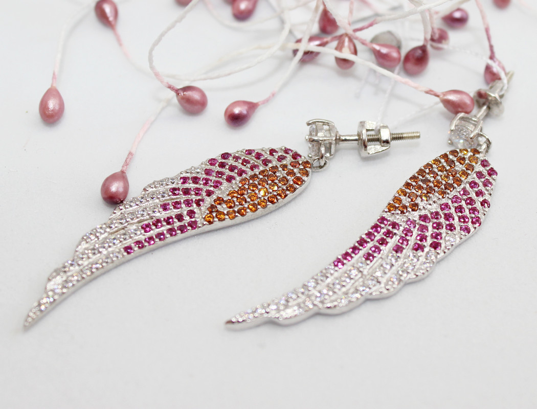 Срібні сережки підвіски з рожево-білим фіанітом Крила - 925 проби, фото 1