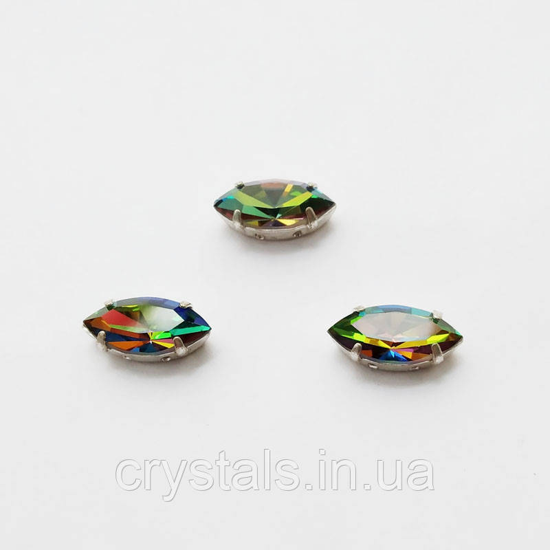 Човники в цапах Preciosa (Чехія) 15x7 мм Crystal Vitrail Medium/срібло, фото 1