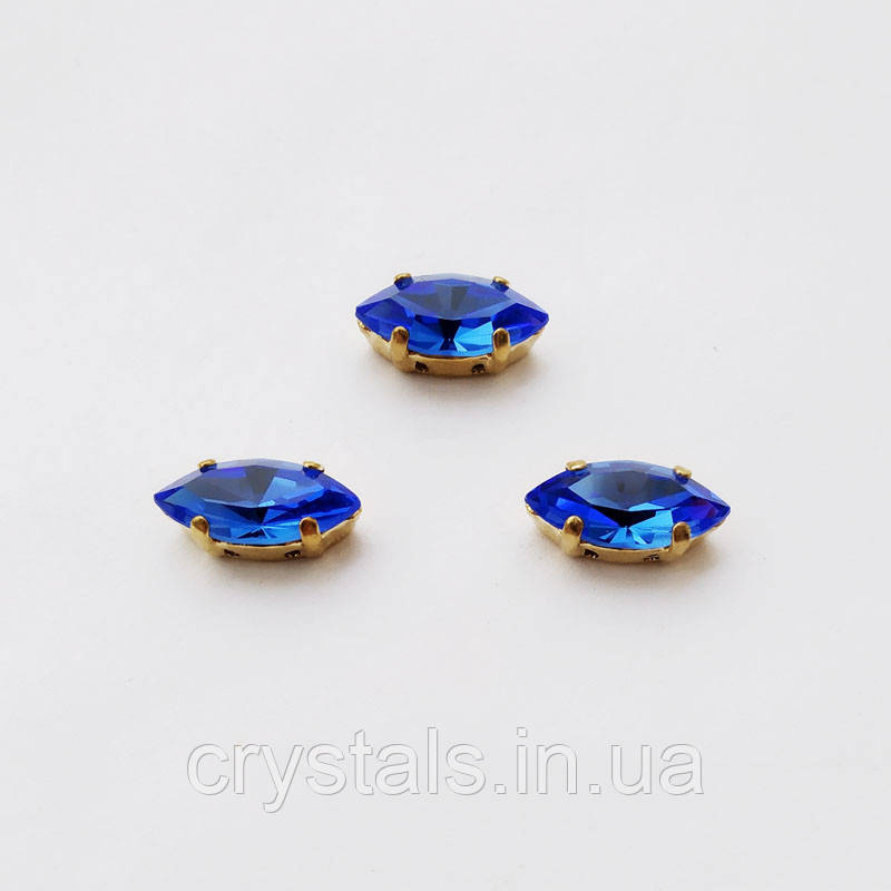 Човники в цапах Preciosa (Чехія) 15x7 мм Sapphire/золото