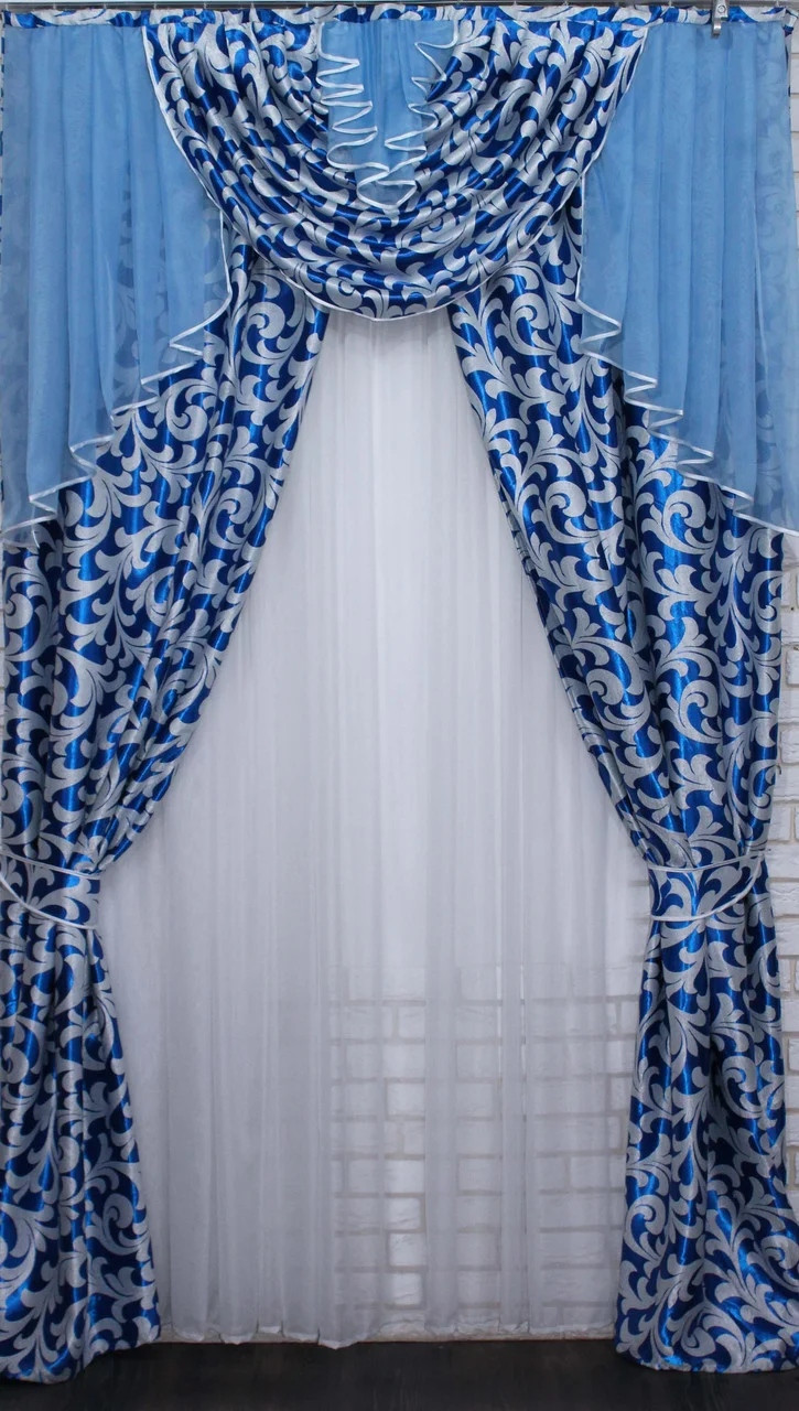 Комплект ламбрекен ізі шторами з тканини "Блекаут" колір синій, на карниз 1.5 м