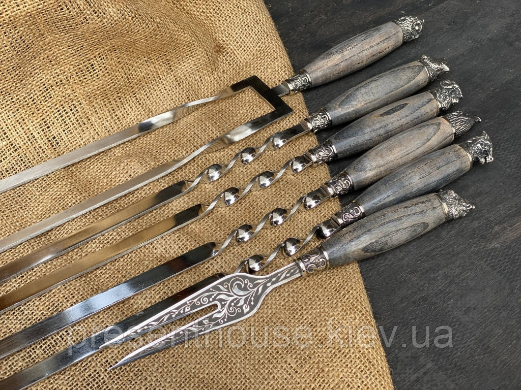 Набір шампурів "Дикі звірі ясен" з подвійним шампуром і виделкою для зняття м'яса., фото 1