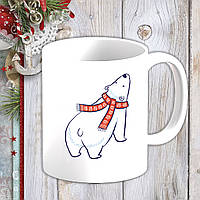 Белая кружка (чашка) с новогодним принтом Белый медведь в шарфе