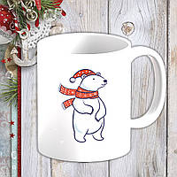 Білий кухоль (чашка) з новорічним принтом Білий ведмідь у шарфі та шапці
