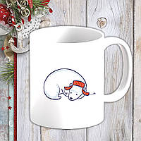 Білий кухоль (чашка) з новорічним принтом Білий ведмідь у шапці 2