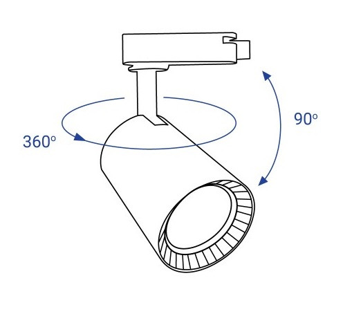 В трекових світильниках Feron AL103 20W також можна зручно регулювати напрямок світлового променя: 360 гр. по горизонтальній осі та 90 гр. по вертикальній осі