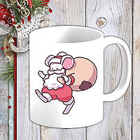 Білий кухоль (чашка) з новорічним принтом Мишеня з мішком