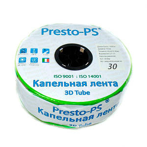 Крапельна стрічка Presto-PS эмиттерная 3D Tube крапельниці через 30 см, витрата 2.7 л/год, довжина 1000 м