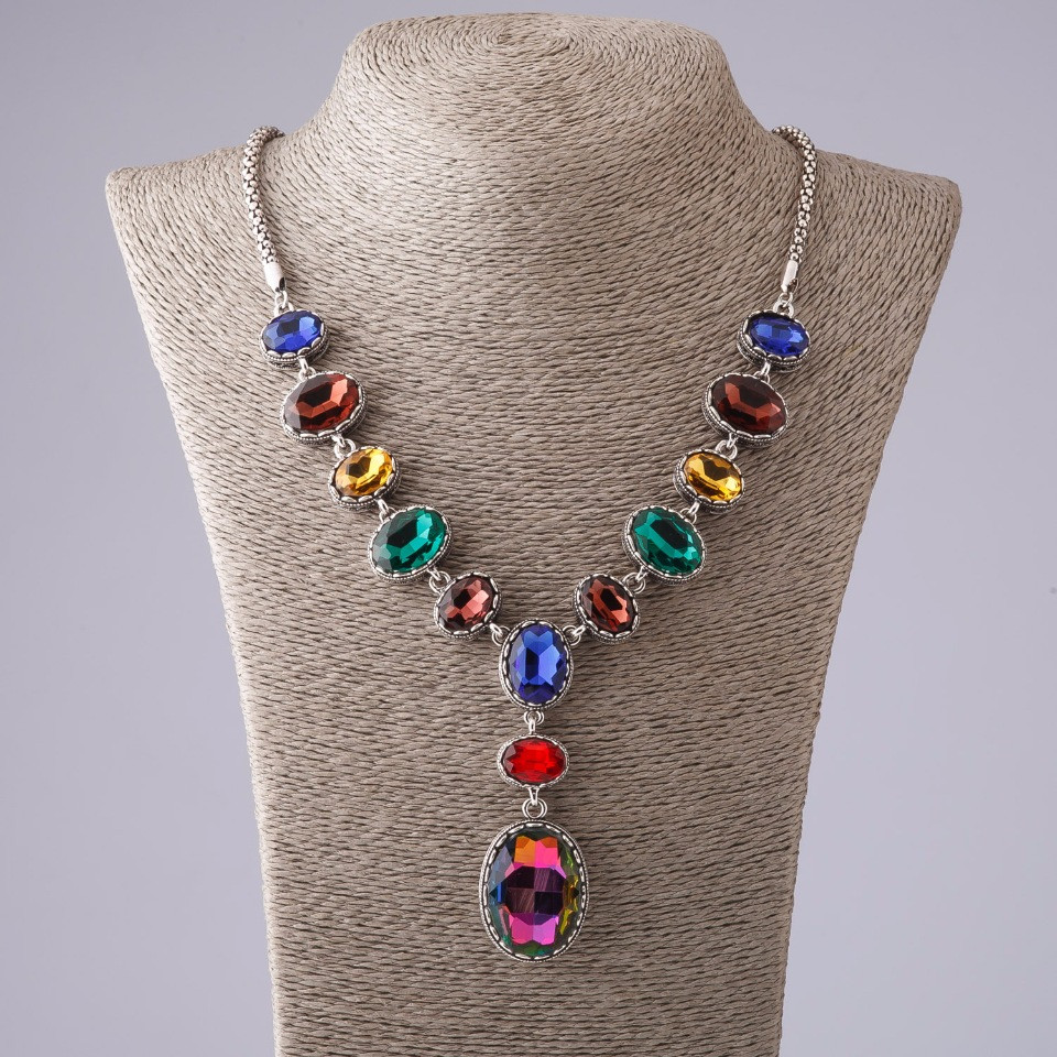 Кольє "13 каменів" з різнобарвними кристалами в металі під "срібло" оправа зубчик L- 50см купити біжутерію дешево оптом в
