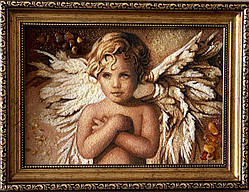 Картина панно з бурштину хлопчик-Ангел , бурштинова картина Хлопчик -Ангел 20x30 см