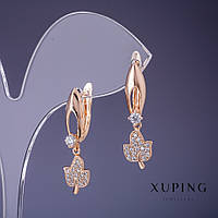 Сережки Xuping Листики з білими стразами 25х5мм "позолота 18К" купити біжутерію дешево оптом в інтернеті