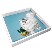 Дерев'яний піднос з принтом Біла кішка 33х33х4 см (PDN_19M013_WH)