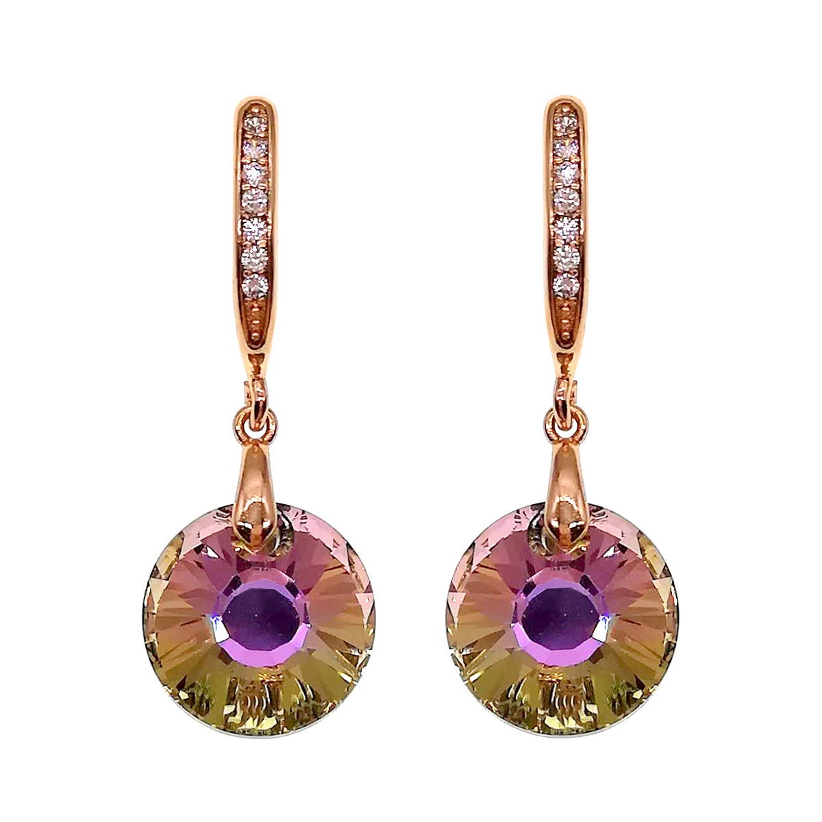 Сережки Xuping з медичного золота, кристали Swarovski рожево-оливкового кольору та білі фіаніти, позолота 18K, 24475 (1)