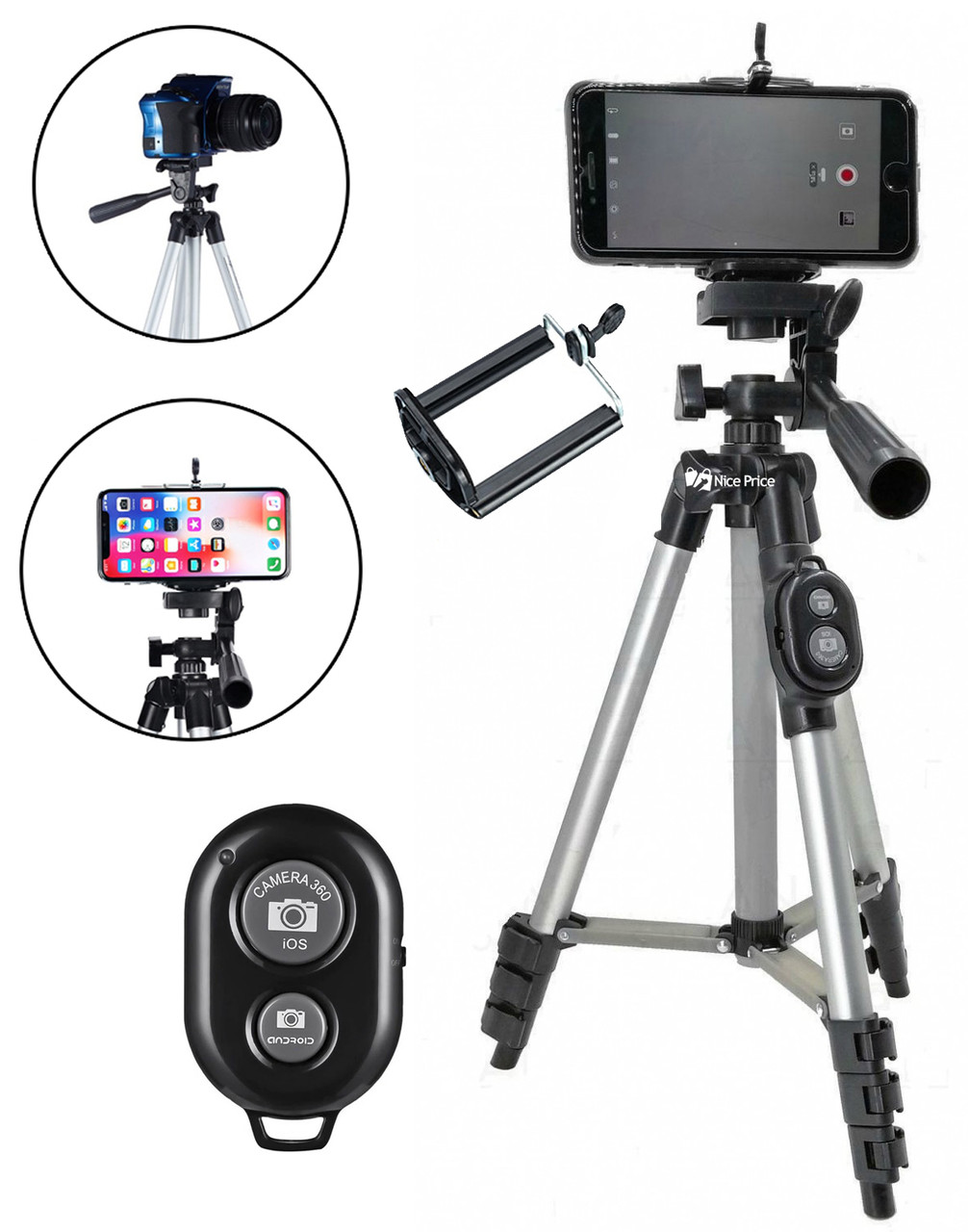Штатив для фотоапарата трипод DK 3888 срібний з Bluetooth пультом + чохол (0677)