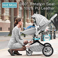 Оригінальна дитяча коляска 3в1 Hot Mom New 360 Grey Leaves Сіре листя