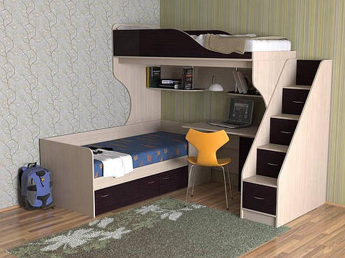 Ліжко-горище з нижнім спальним місцем і сходами комодом для підлітків КЧДП -2904,, фото 2