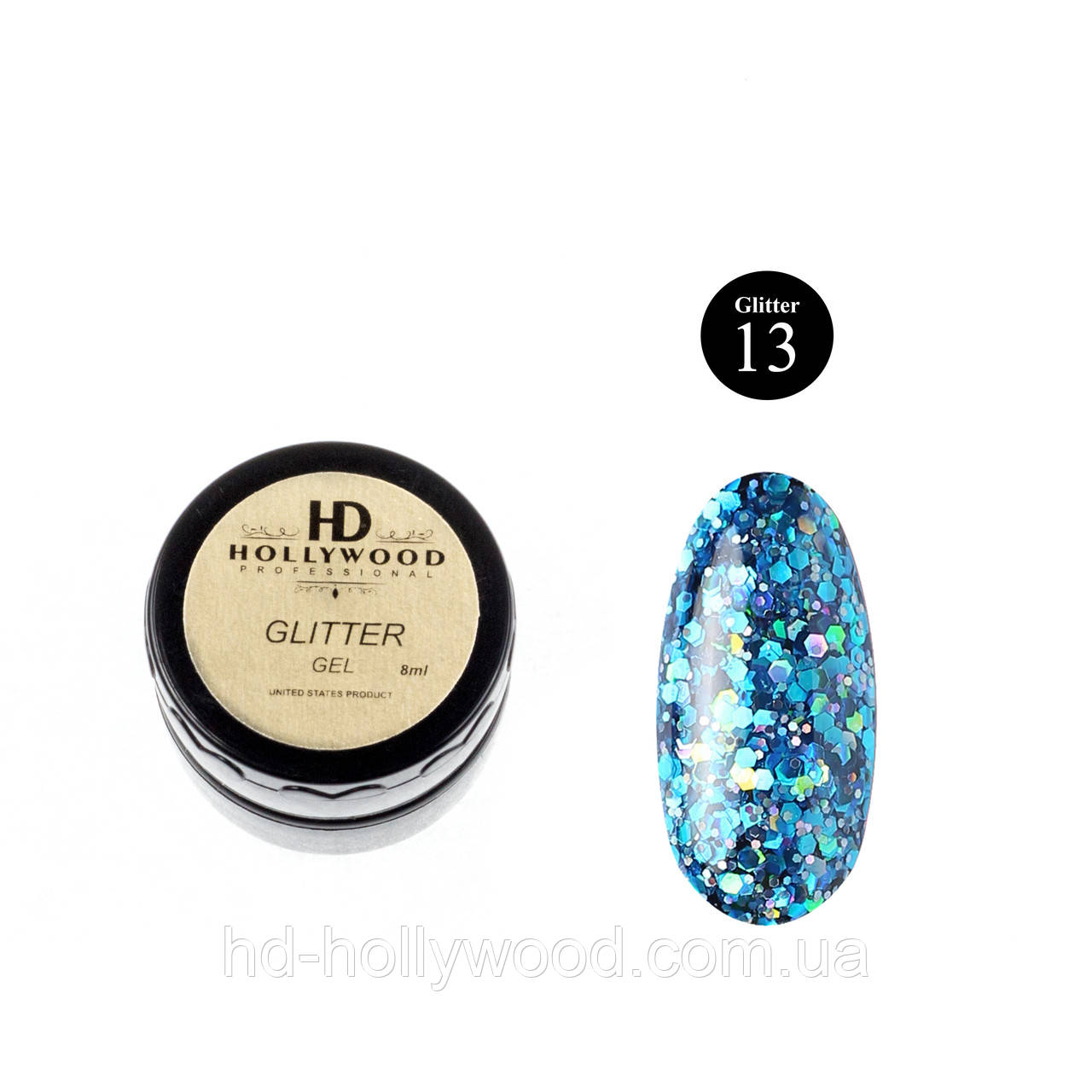 Гель лак Блакитний Гліттер гель 13 HD Hollywood 8 ml, фото 1