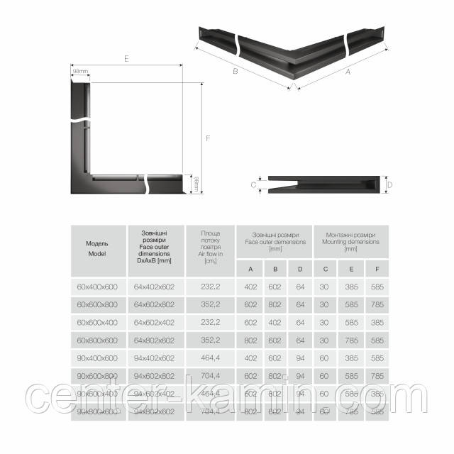 Вентиляционная решетка для камина угловая левая SAVEN Loft Angle 60х600х800 графитовая - фото 4 - id-p1170994836