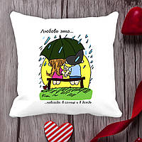 Подушка с принтом Love is " Любовь это ... навсегда: в солнце и в дождь"