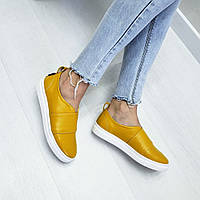 Яркие слипоны мокасины балетки женские натуралки кожаные желтые, практичная обувь размеры от 32 до 41