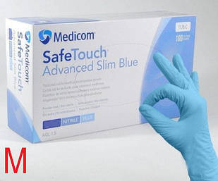 Рукавички нітрилові без пудри Medicom SafeTouch Advanced Slim Blue 3.6г. розмір М 100 шт/уп блакитні