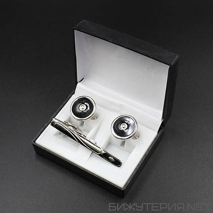 Набір 4 запонки та затискач для краватки в коробці Stainless Steel з чорним каменем круглі 10х20мм, фото 2