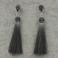 Сережки пензля жіночі гвоздики сріблястого кольору довгі об'ємні сірого кольору з кристалами довжина 10 см
