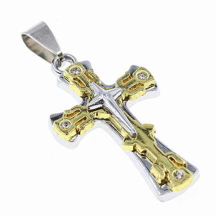 Хрестик сріблястий із золотом із медичної неіржавкої сталі 316L від Stainless Steel розмір 50 х 35 мм, фото 1