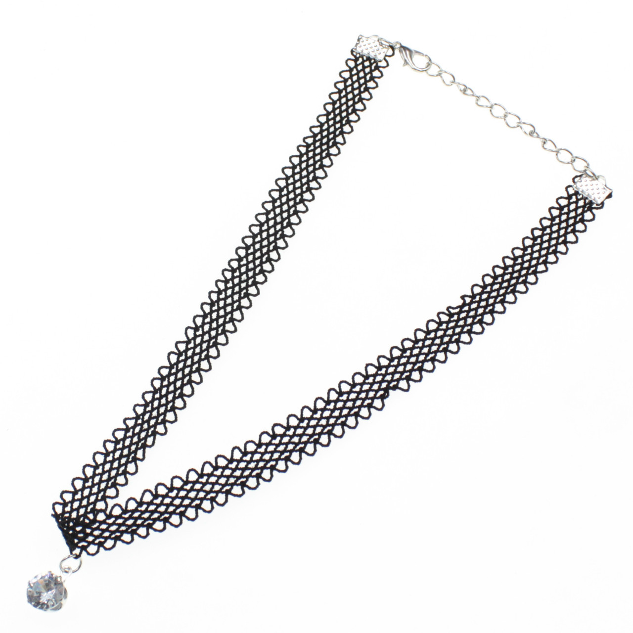 Чокер широкий на шию чорний ажурний із підвіскою камінчиків і подовжувачем довжина 30 см