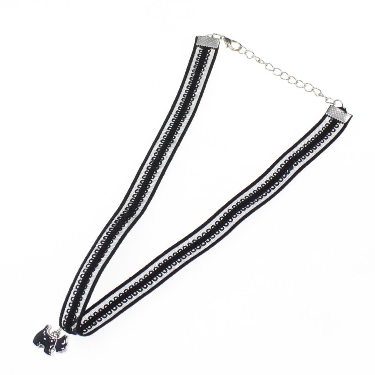 Чокер широкий на шию чорний ажурний із підвіскою собачка подовжувачем довжина 30 см