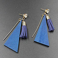 Серьги женские гвоздики треугольнички золотисто-синего цвета со стразами и хвостиком размер 8 cм